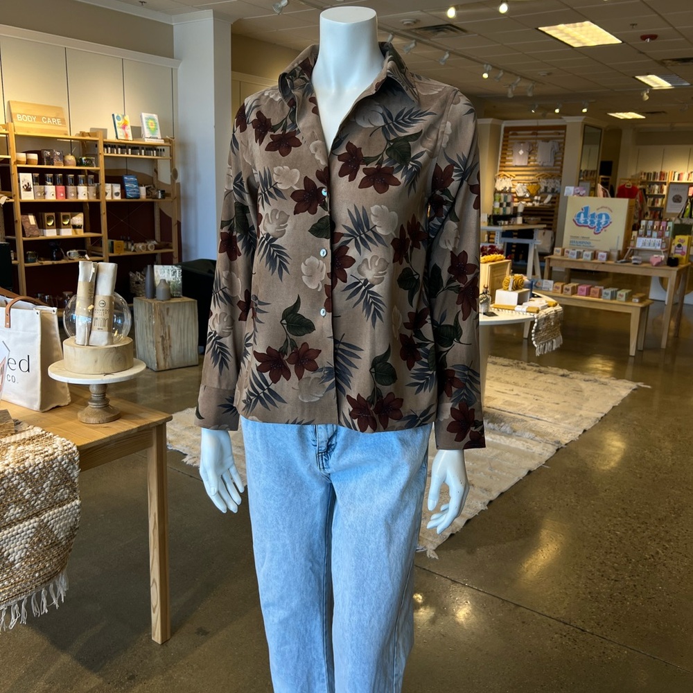Vintage Floral Button-Down Shirt - Brown and Black